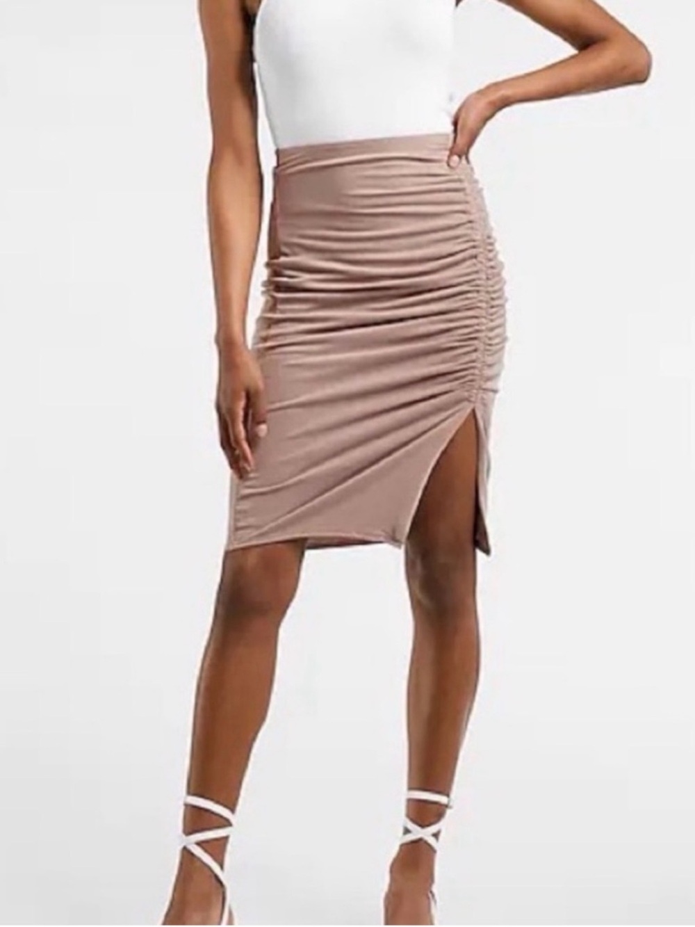Express Taupe Ruched Pencil Skirt with Side Slit